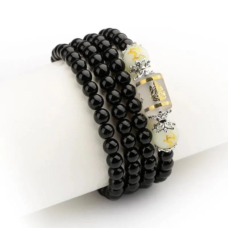 BOEYCJR 6mm Dragon Black Buddha Mala Beads Bangles&Bracelets Handmade Jewelry Ethnic Glow in the Dark Bracelet for Women or Men - Lotus Prayer