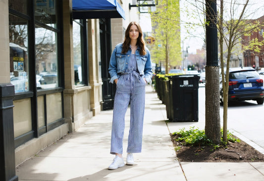 Effortlessly confident look featuring a stylish striped jumpsuit with a denim jacket for mindful street style