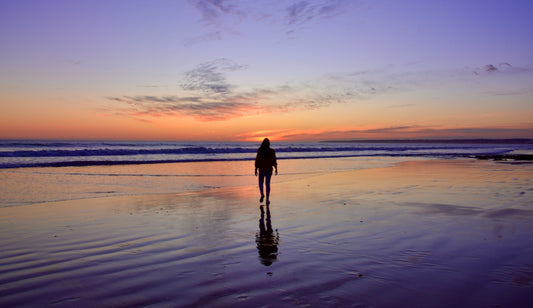 silhouette of person standing on beach during sunset