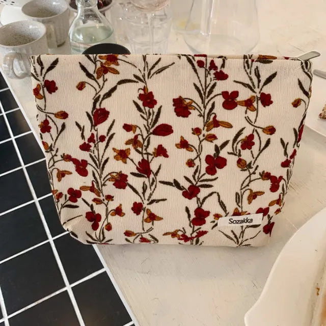 Cosmetic Bag Women Floral Makeup Case Organizer Korean Embroidery Cosmetic Pouch Travel Toiletry Bag Corduroy Canvas Beauty Case