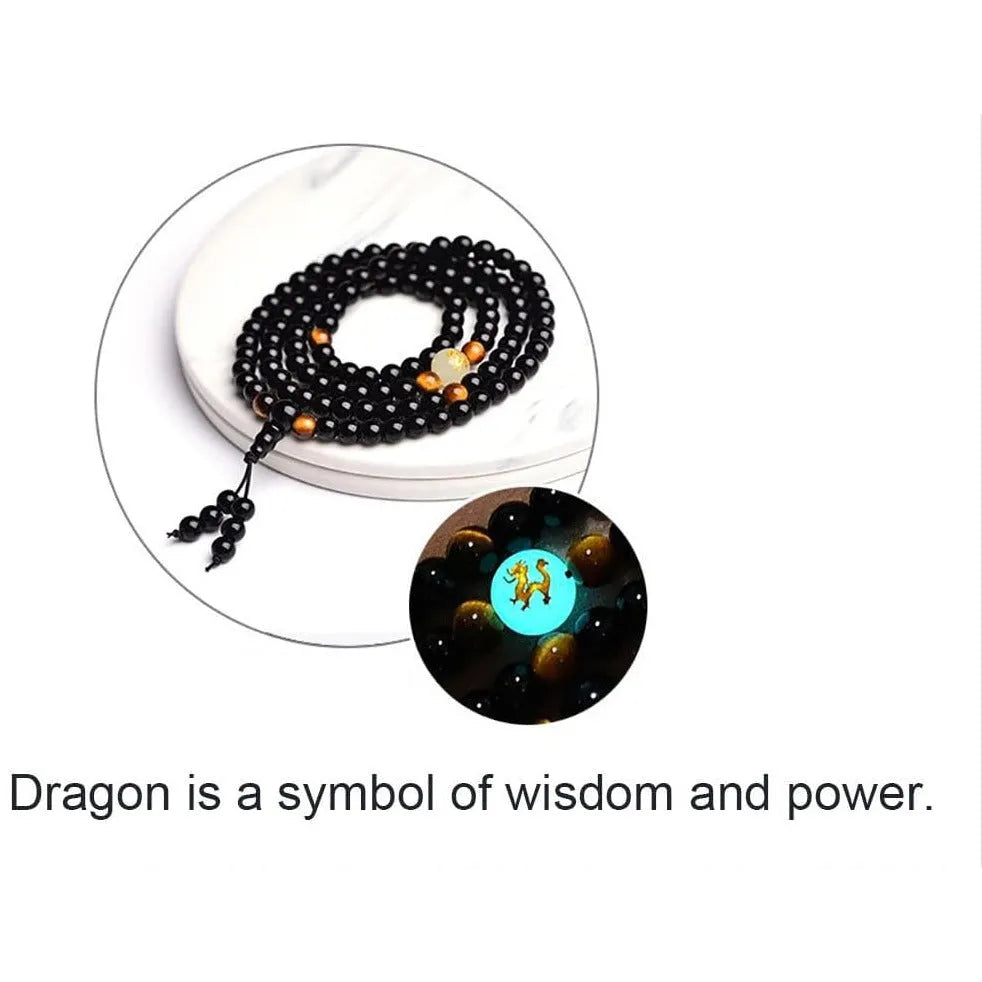 Buddhist Glowing Dragon Charm Mala Beads Bracelet